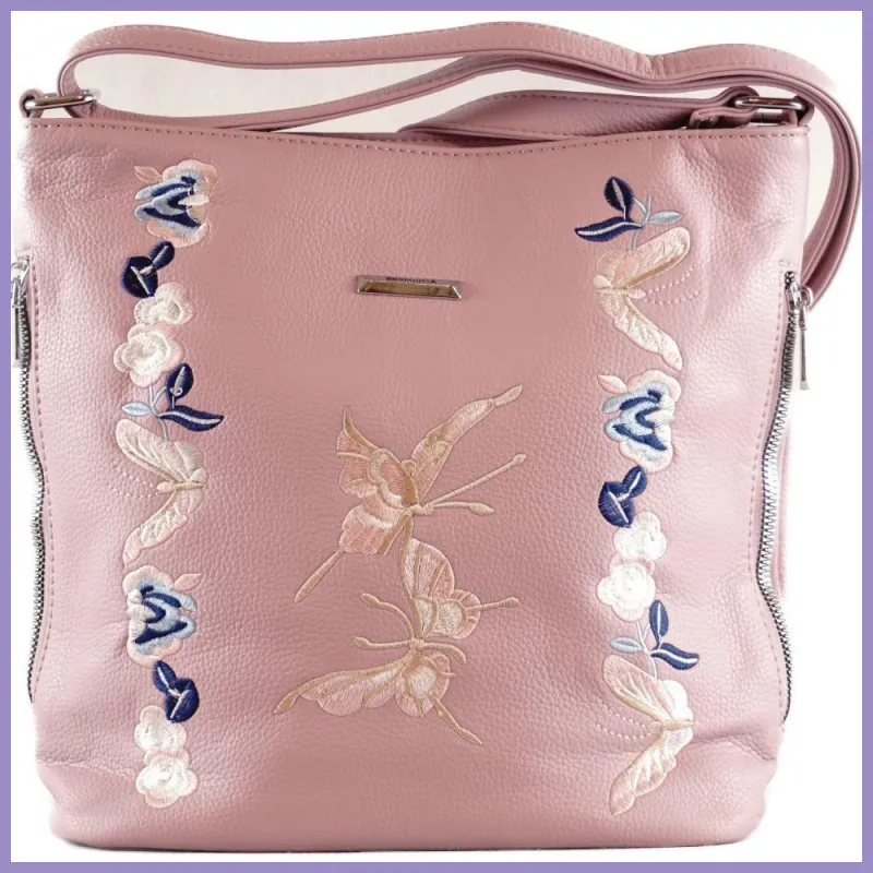 Silvia Rosa női válltáska hímzett pillangós mintával, műbőr, lila lupusbag-hu 1