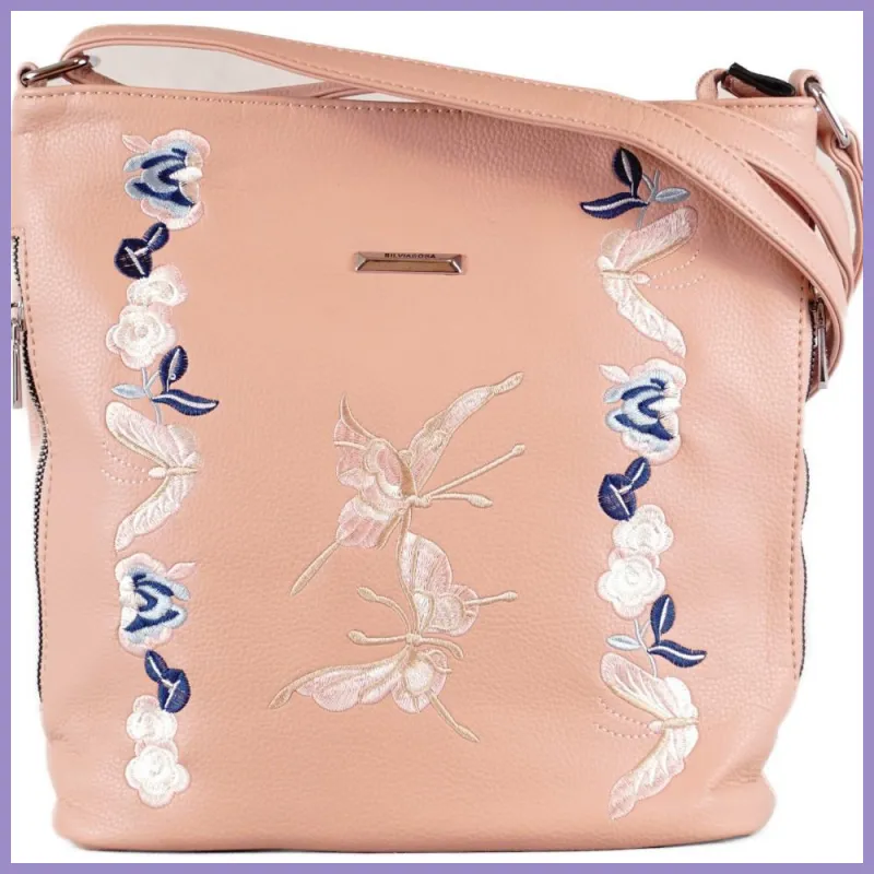 Silvia Rosa női válltáska hímzett pillangós mintával, műbőr, rózsaszín lupusbag-hu 1