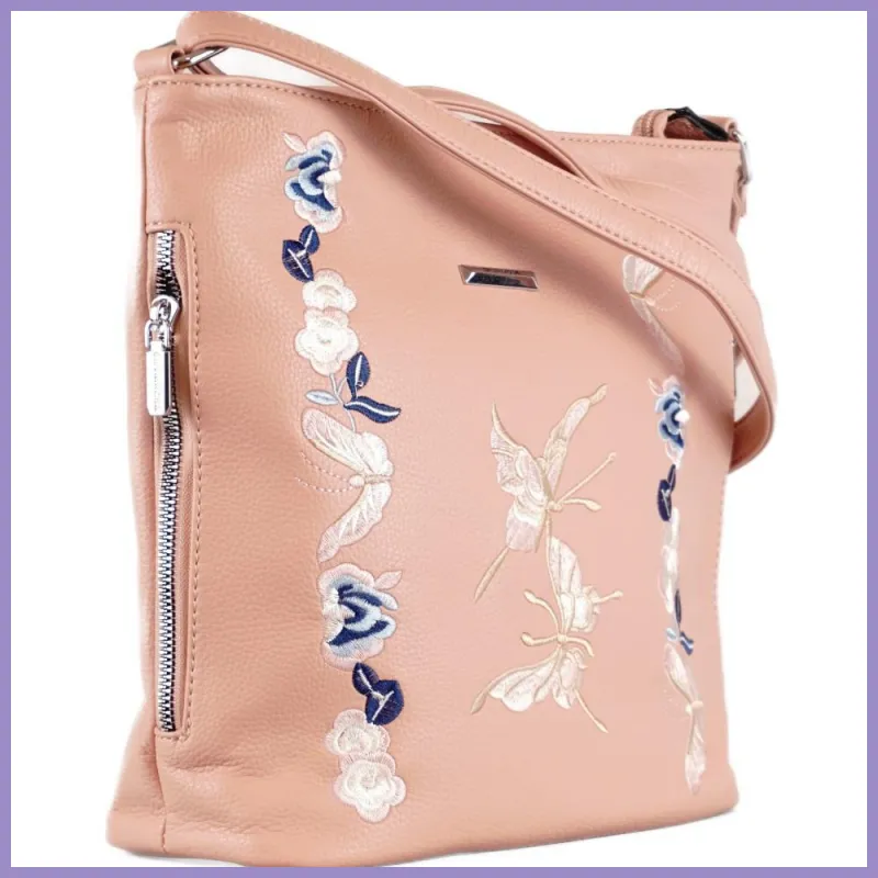 Silvia Rosa női válltáska hímzett pillangós mintával, műbőr, rózsaszín lupusbag-hu 2