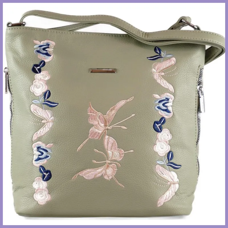Silvia Rosa női válltáska hímzett pillangós mintával, műbőr, zöld lupusbag-hu 1