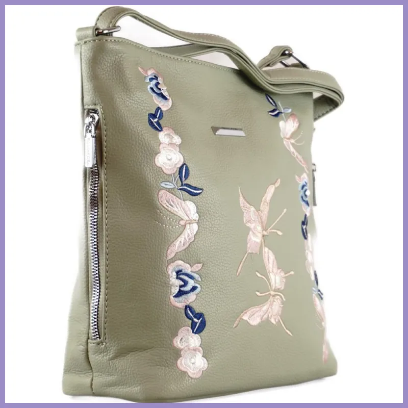 Silvia Rosa női válltáska hímzett pillangós mintával, műbőr, zöld lupusbag-hu 2