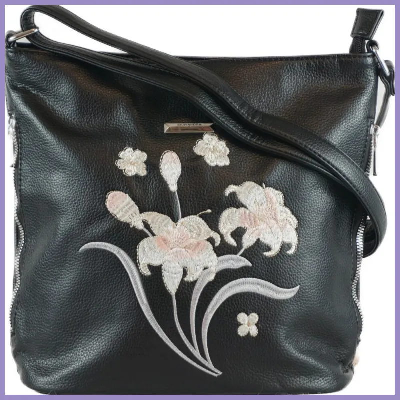 Silvia Rosa női válltáska hímzett virágmintával, műbőr, fekete lupusbag-hu 1