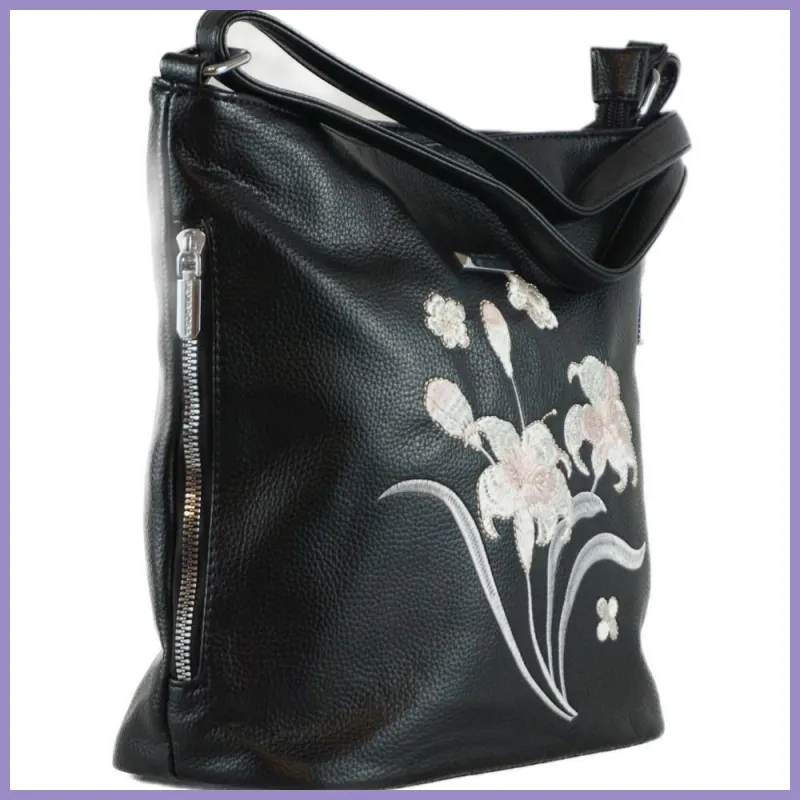 Silvia Rosa női válltáska hímzett virágmintával, műbőr, fekete lupusbag-hu 2
