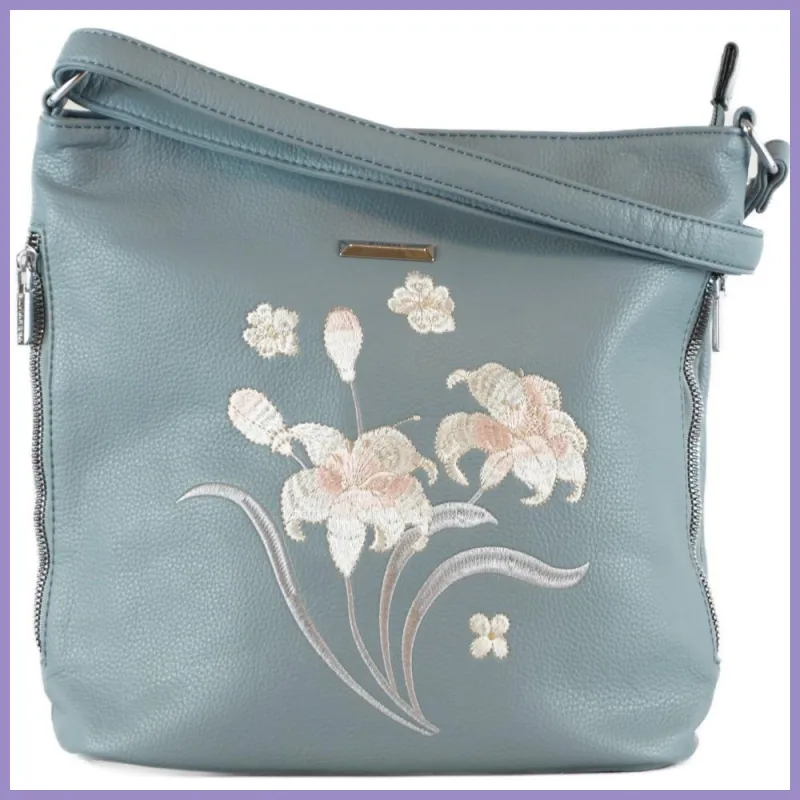 Silvia Rosa női válltáska hímzett virágmintával, műbőr, kék lupusbag-hu 1