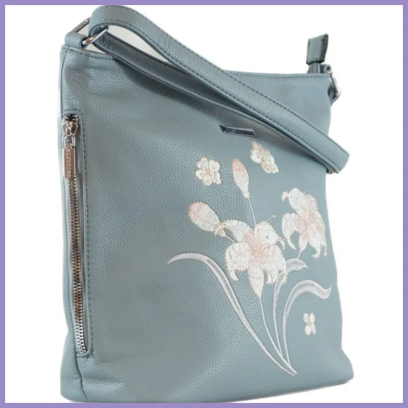 Silvia Rosa női válltáska hímzett virágmintával, műbőr, kék lupusbag-hu 2