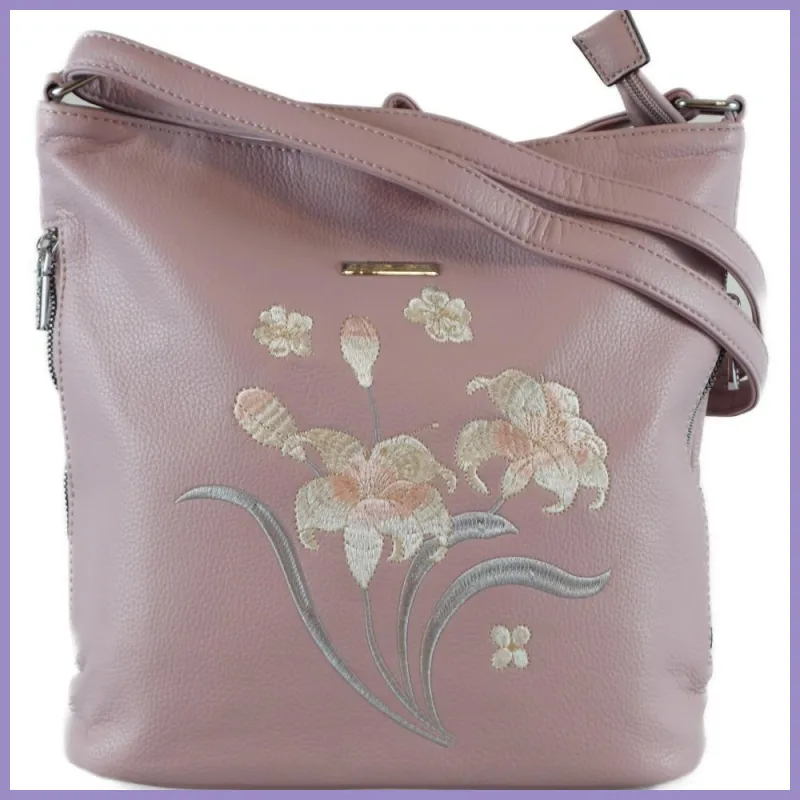 Silvia Rosa női válltáska hímzett virágmintával, műbőr, lila lupusbag-hu 1