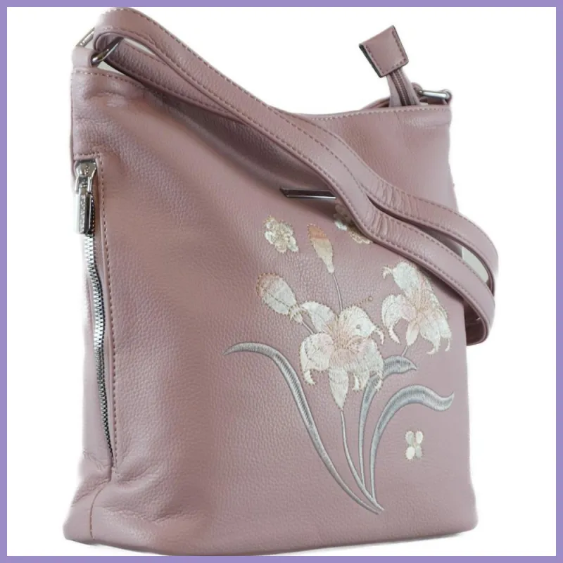 Silvia Rosa női válltáska hímzett virágmintával, műbőr, lila lupusbag-hu 2