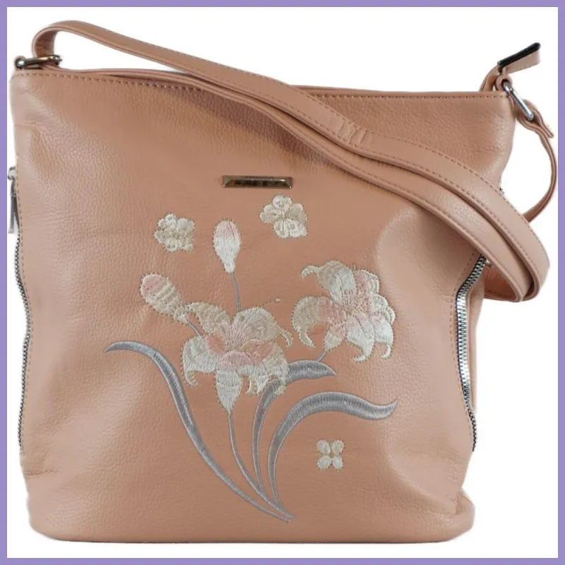 Silvia Rosa női válltáska hímzett virágmintával, műbőr, rózsaszín lupusbag-hu 1