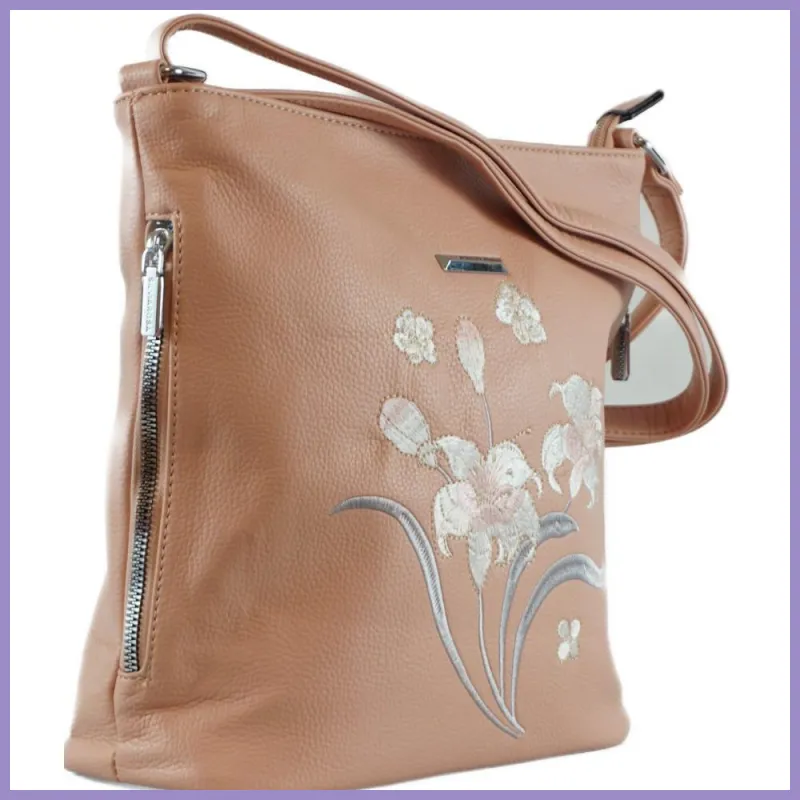 Silvia Rosa női válltáska hímzett virágmintával, műbőr, rózsaszín lupusbag-hu 2