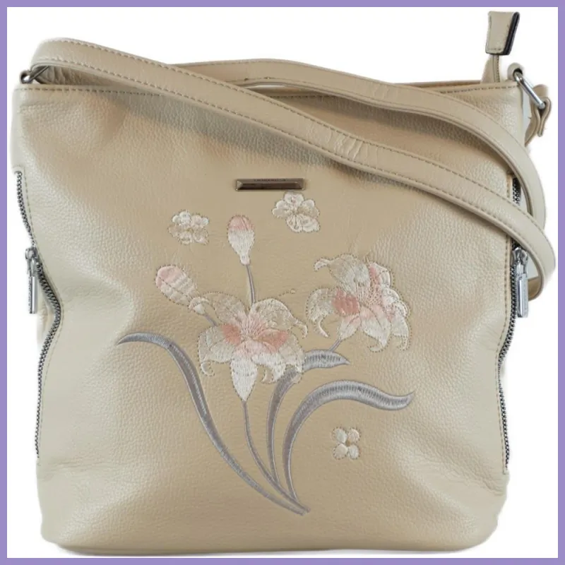 Silvia Rosa női válltáska hímzett virágmintával, műbőr, szürke lupusbag-hu 1