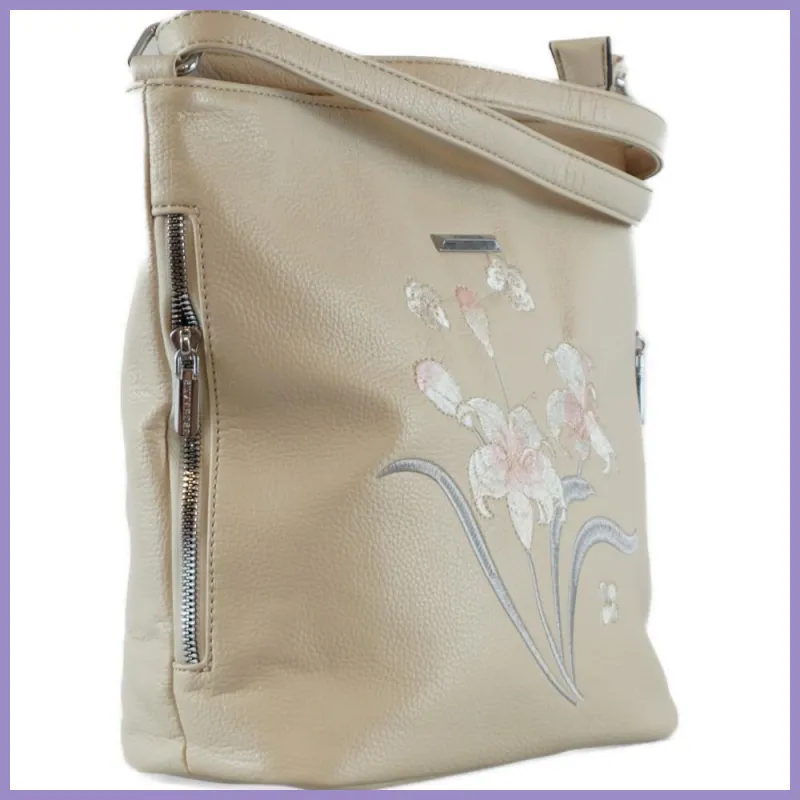 Silvia Rosa női válltáska hímzett virágmintával, műbőr, szürke lupusbag-hu 2