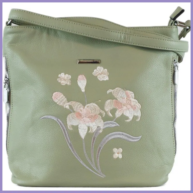 Silvia Rosa női válltáska hímzett virágmintával, műbőr, zöld lupusbag-hu 1