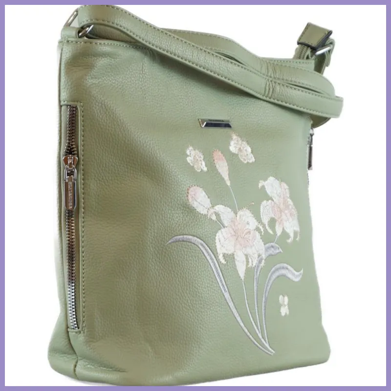 Silvia Rosa női válltáska hímzett virágmintával, műbőr, zöld lupusbag-hu 2