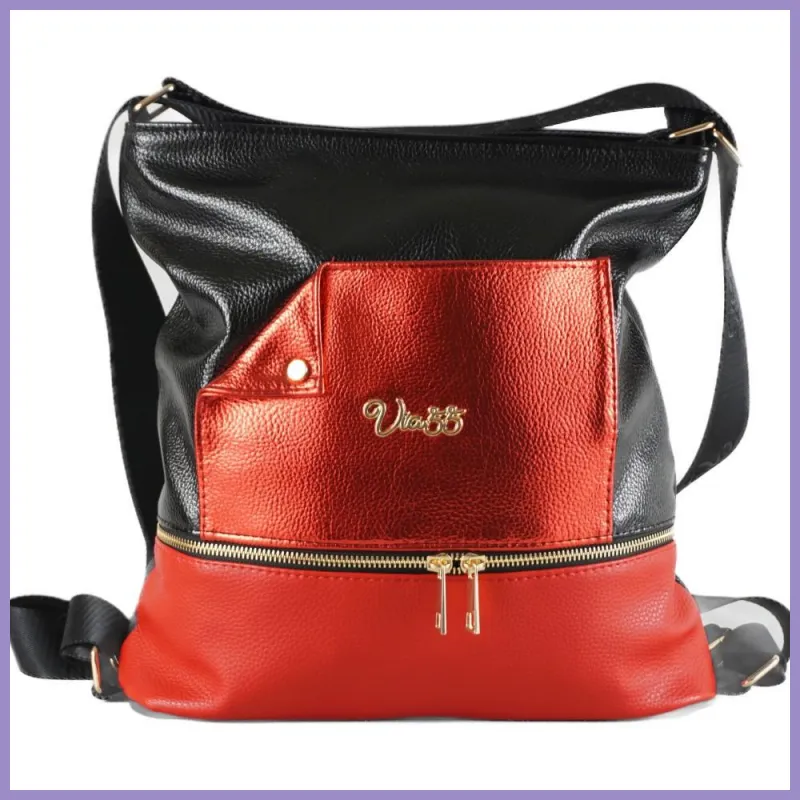 VIA5 nagyméretű női hátitáska szamárfüllel, rostbőr, piros lupusbag-hu 1