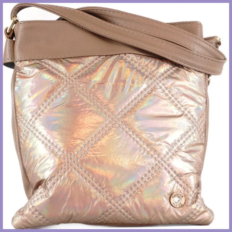 VIA55 dupla rekeszes női keresztpántos táska, rostbőr, pezsgő lupusbag-hu 1