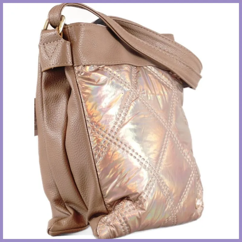 VIA55 dupla rekeszes női keresztpántos táska, rostbőr, pezsgő lupusbag-hu 2