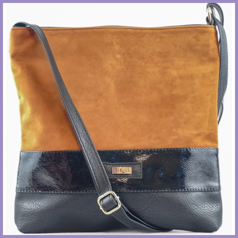 VIA55 elegáns női keresztpántos táska alul 2 sávval, rostbőr, barna lupusbag-hu 1