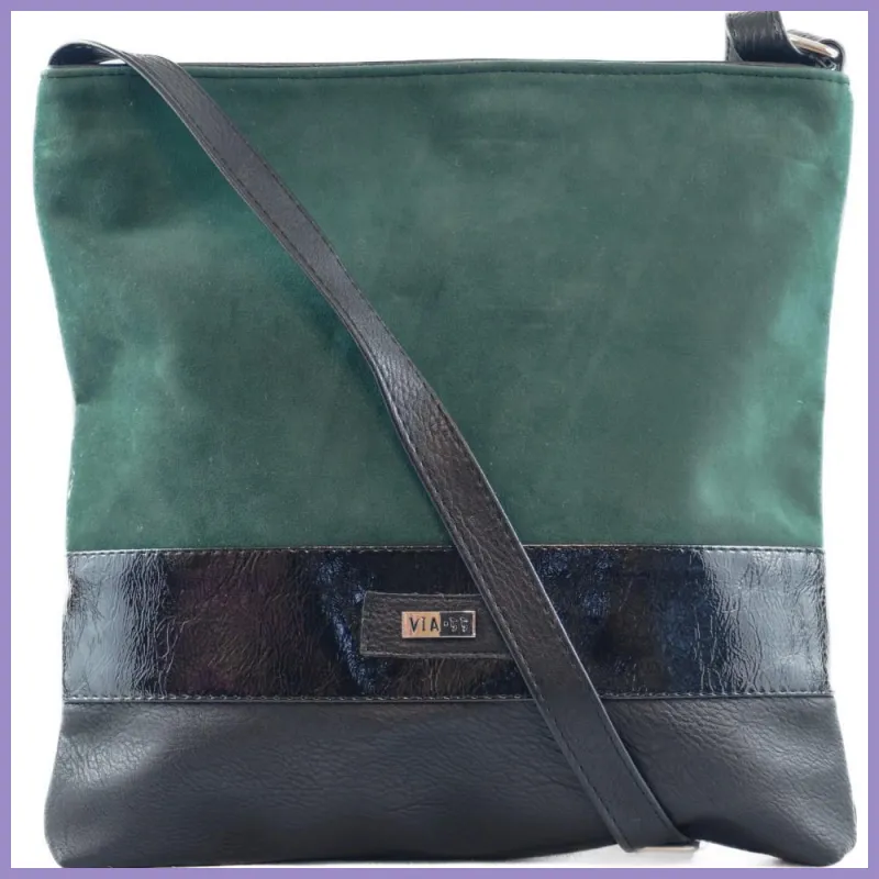VIA55 elegáns női keresztpántos táska alul 2 sávval, rostbőr, zöld lupusbag-hu 1
