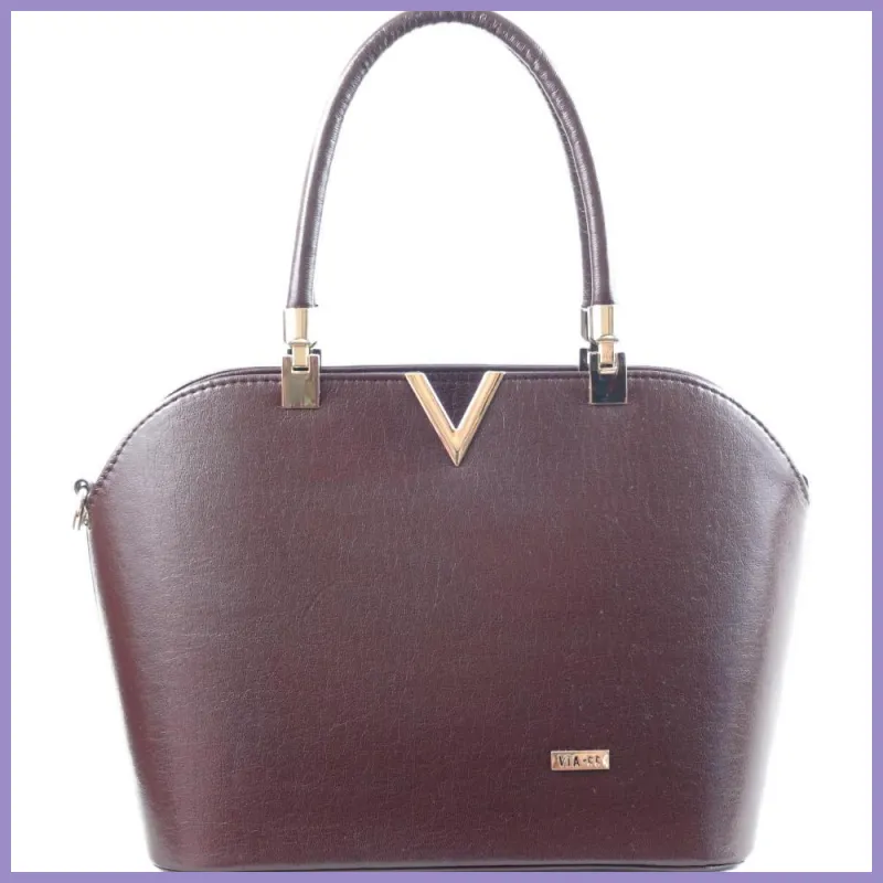 VIA55 elegáns női kézitáska V jellel merev fazonban, rostbőr, sötétbarna lupusbag-hu 1