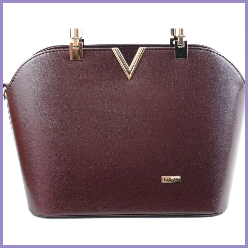 VIA55 elegáns női kézitáska V jellel merev fazonban, rostbőr, sötétbarna lupusbag-hu 2