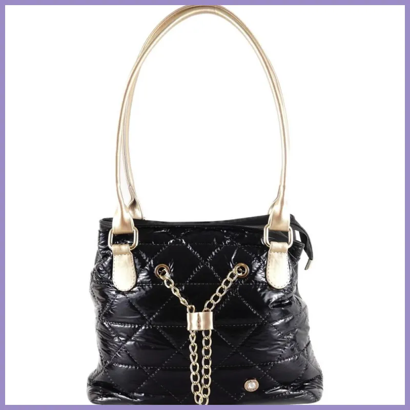 VIA55 láncos női válltáska dagi fazonban, rostbőr, fényes-fekete lupusbag-hu 1