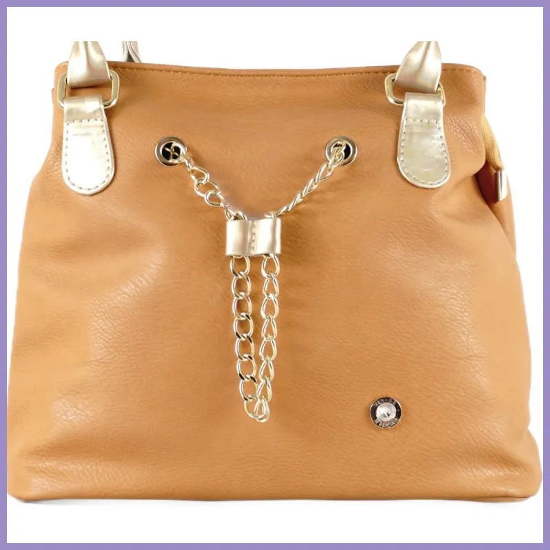VIA55 láncos női válltáska dagi fazonban, rostbőr, mustár lupusbag-hu 2