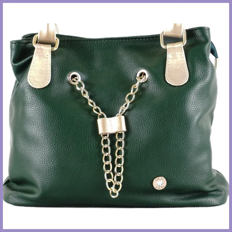 VIA55 láncos női válltáska dagi fazonban, rostbőr, zöld lupusbag-hu 2