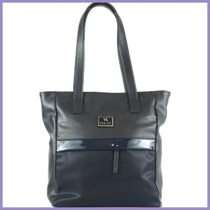 VIA55 nagyméretű lakk válltáska rizsmintával, rostbőr, kék lupusbag-hu 1