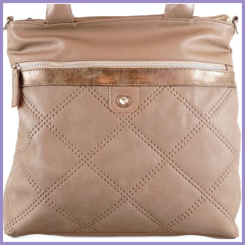 VIA55 nagyméretű női válltáska elöl nagy zsebbel, rostbőr, barna lupusbag-hu 2