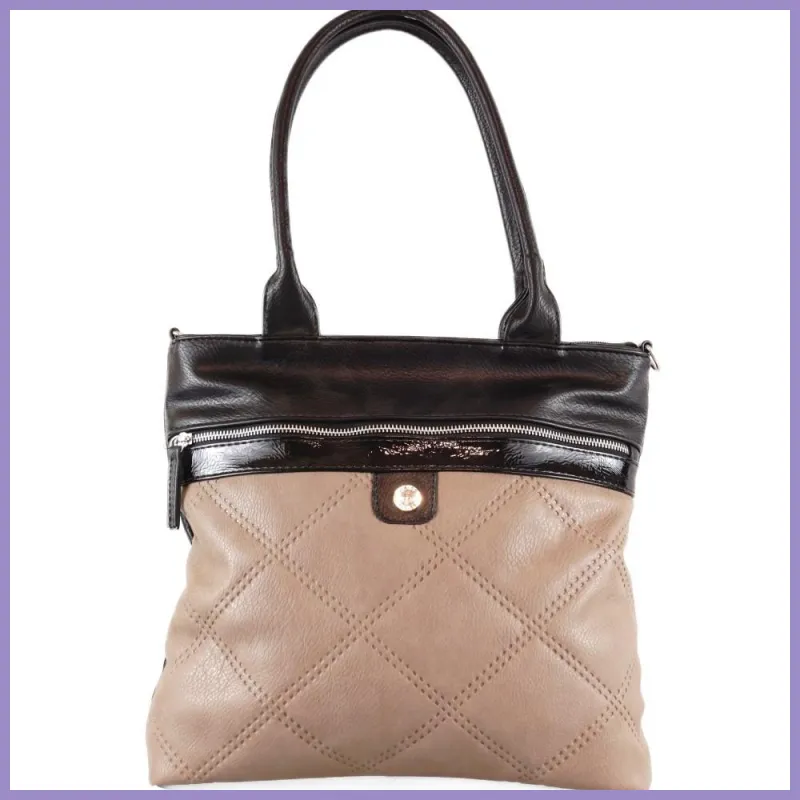 VIA55 nagyméretű női válltáska elöl nagy zsebbel, rostbőr, fekete-barna lupusbag-hu 1