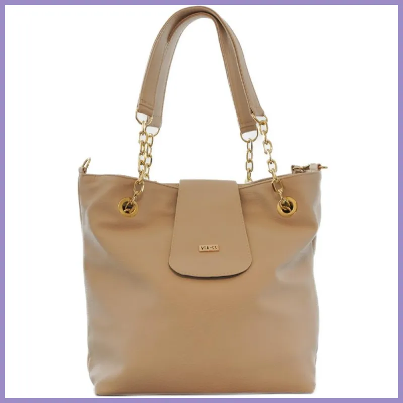 VIA55 nagyméretű női válltáska patentos fedéllel, rostbőr, bézs lupusbag-hu 1