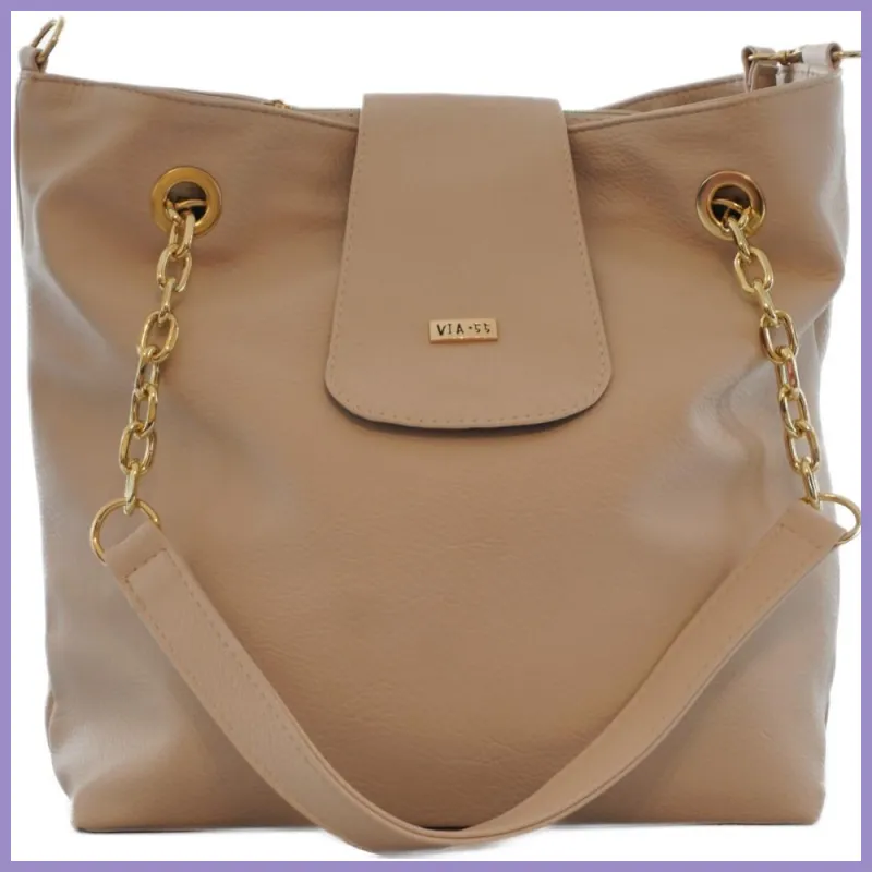 VIA55 nagyméretű női válltáska patentos fedéllel, rostbőr, bézs lupusbag-hu 2