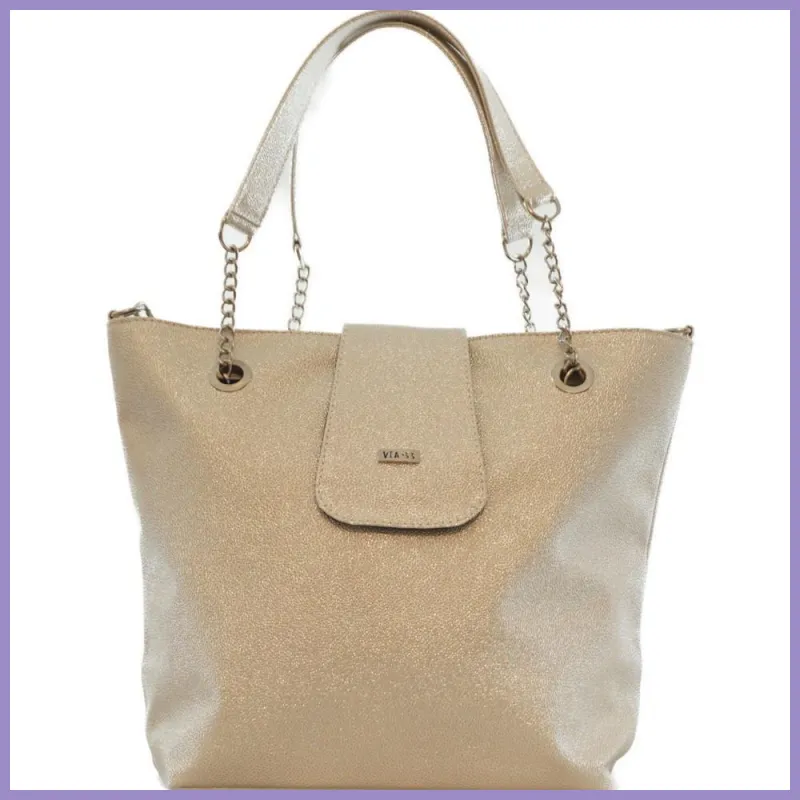 VIA55 nagyméretű női válltáska patentos fedéllel, rostbőr, ezüst lupusbag-hu 1