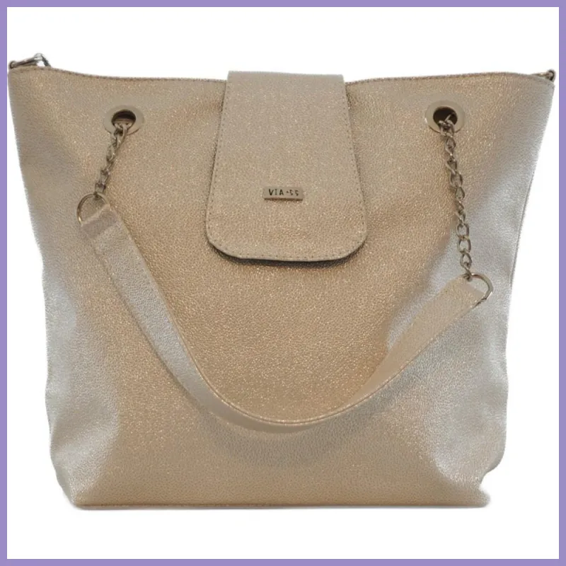 VIA55 nagyméretű női válltáska patentos fedéllel, rostbőr, ezüst lupusbag-hu 2