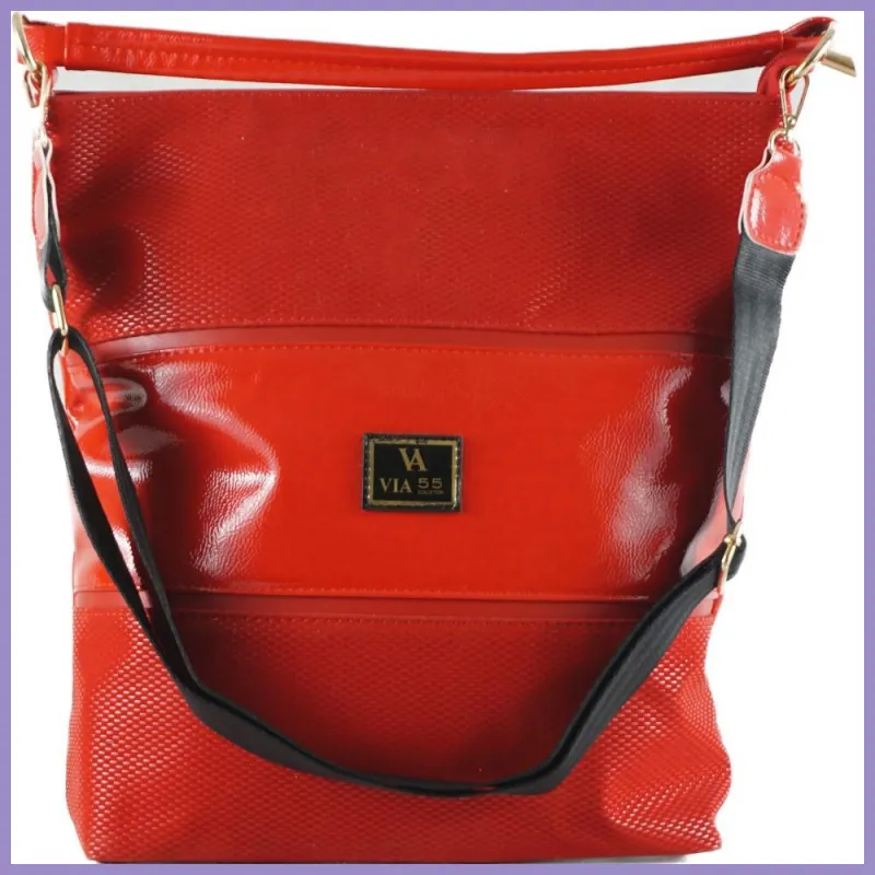 VIA55 nagyméretű válltáska 3 sávval, rostbőr, piros lupusbag-hu 1