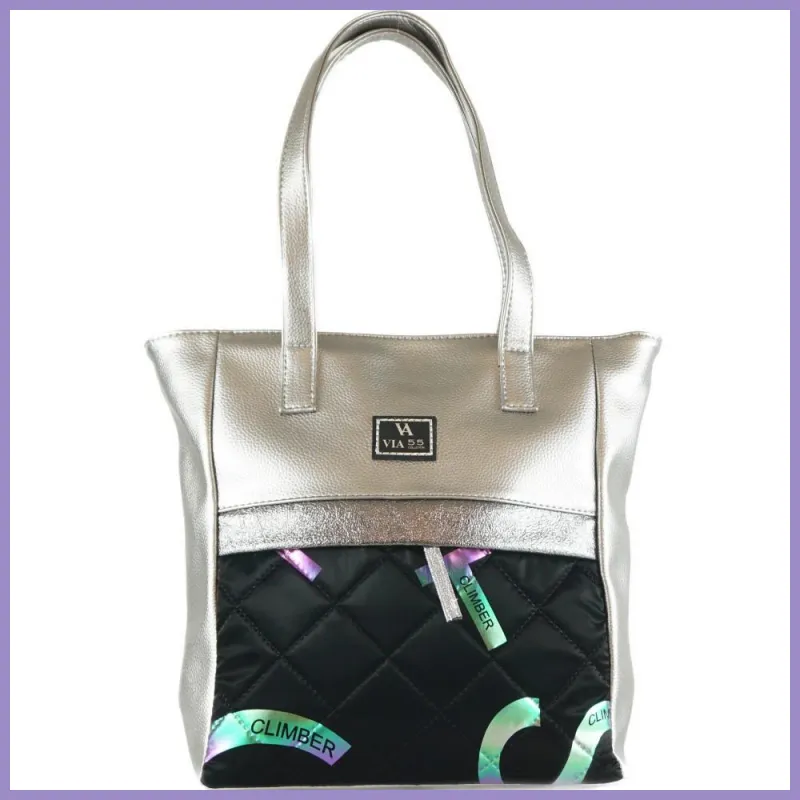 VIA55 nagyméretű válltáska, színes betűkkel díszítve, ezüst lupusbag-hu 1