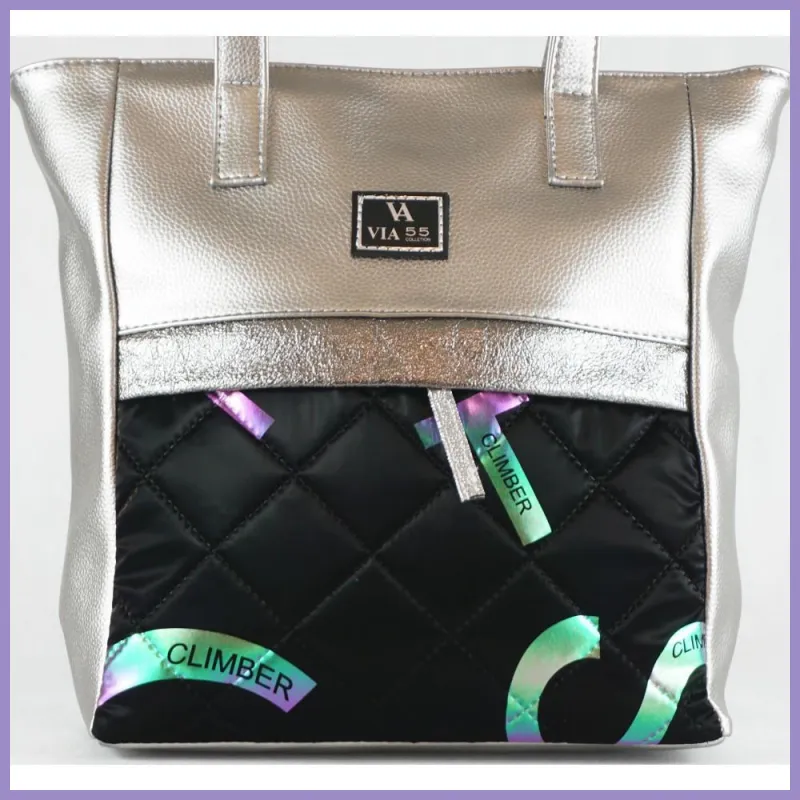 VIA55 nagyméretű válltáska, színes betűkkel díszítve, ezüst lupusbag-hu 2