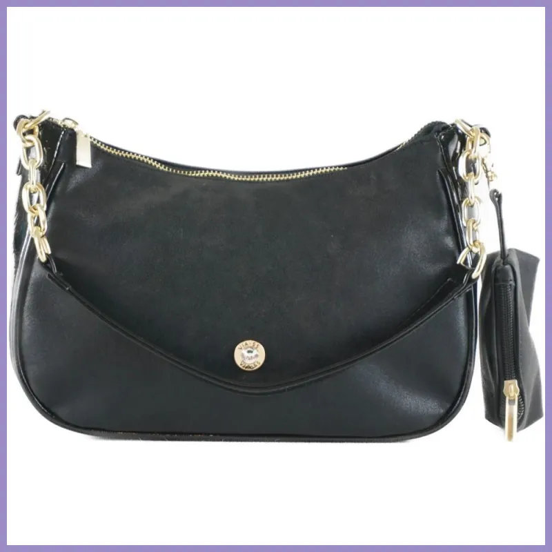 VIA55 női keresztpántos láncos táska lecsatolható tasakkal, rostbőr, fekete lupusbag-hu 1