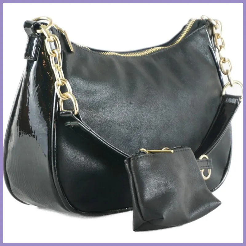 VIA55 női keresztpántos láncos táska lecsatolható tasakkal, rostbőr, fekete lupusbag-hu 2