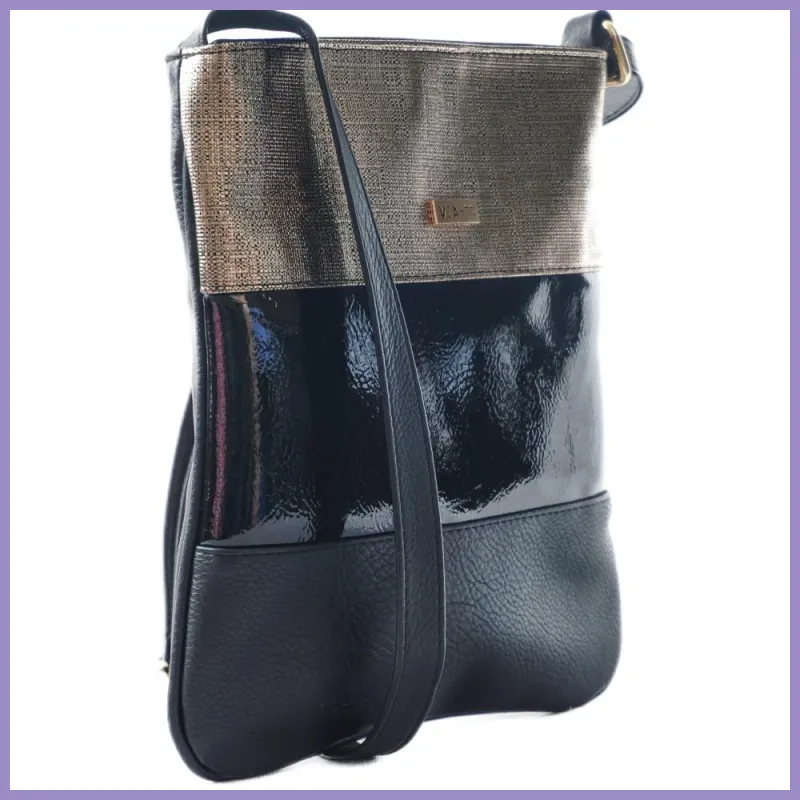 VIA55 női keresztpántos táska 3 sávval, rostbőr, arany lupusbag-hu 2