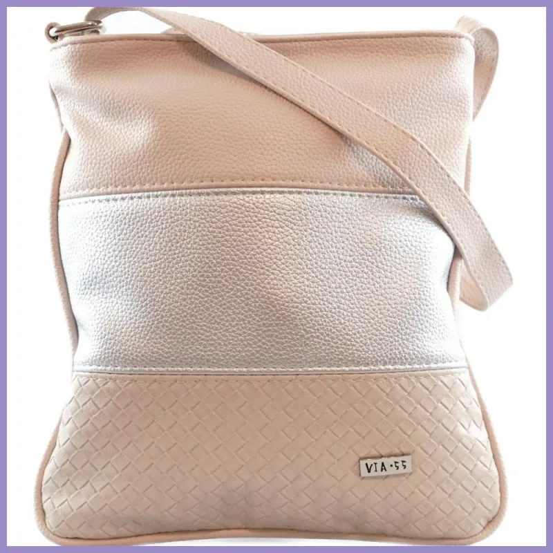VIA55 női keresztpántos táska 3 sávval, rostbőr, bézs-ezüst lupusbag-hu 1