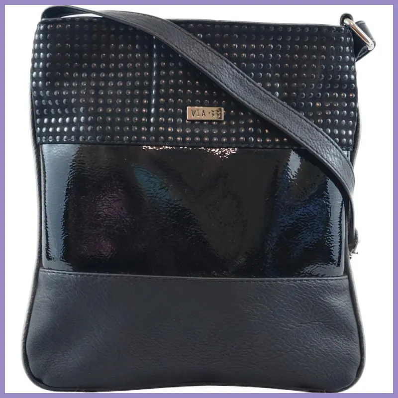 VIA55 női keresztpántos táska 3 sávval, rostbőr, fekete lupusbag-hu 1