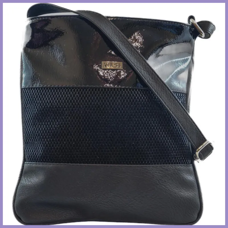 VIA55 női keresztpántos táska 3 sávval, rostbőr, fényes fekete2 lupusbag-hu 1