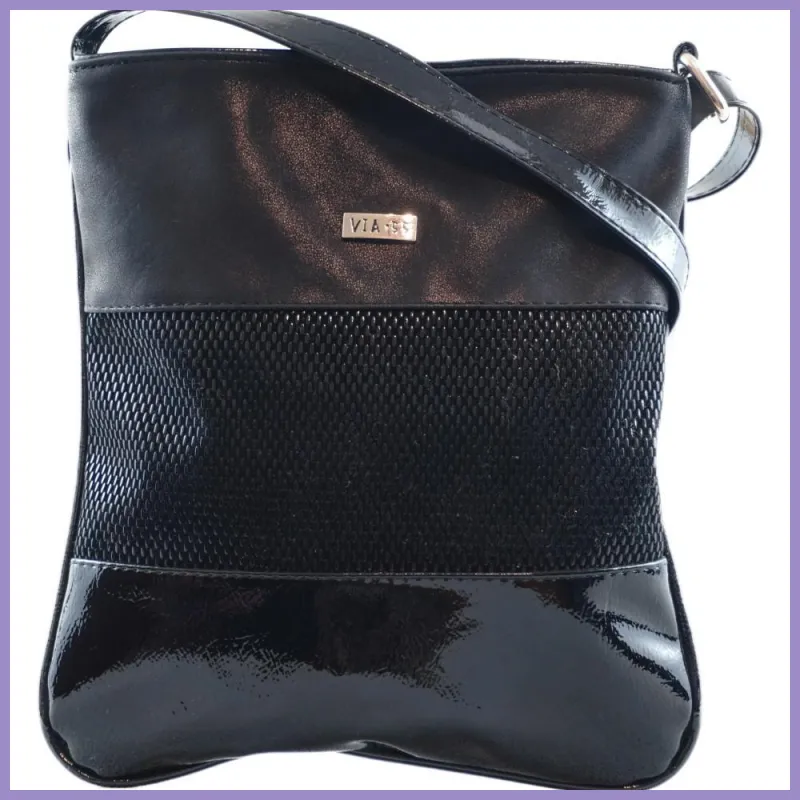VIA55 női keresztpántos táska 3 sávval, rostbőr, matt fekete2 lupusbag-hu 1