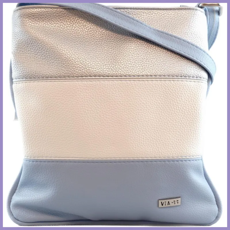 VIA55 női keresztpántos táska 3 sávval, rostbőr, világoskék lupusbag-hu 1