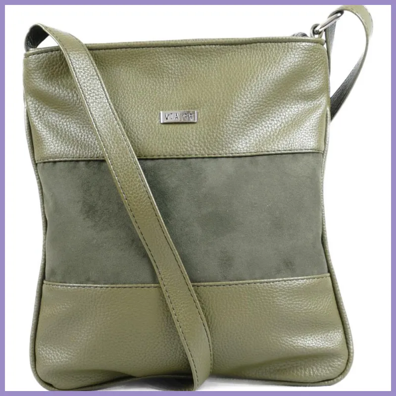 VIA55 női keresztpántos táska 3 sávval, rostbőr, zöld lupusbag-hu 1