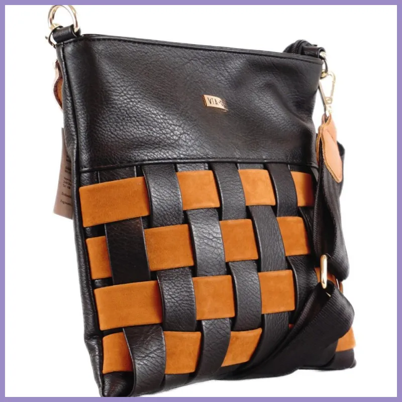 VIA55 női keresztpántos táska anyagában szőtt, rostbőr, barna lupusbag-hu 2