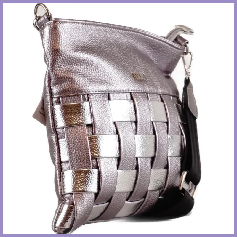 VIA55 női keresztpántos táska anyagában szőtt, rostbőr, ezüst2 lupusbag-hu 2