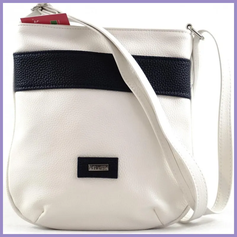 VIA55 női keresztpántos táska elöl kék sávval, rostbőr, fehér lupusbag-hu 1