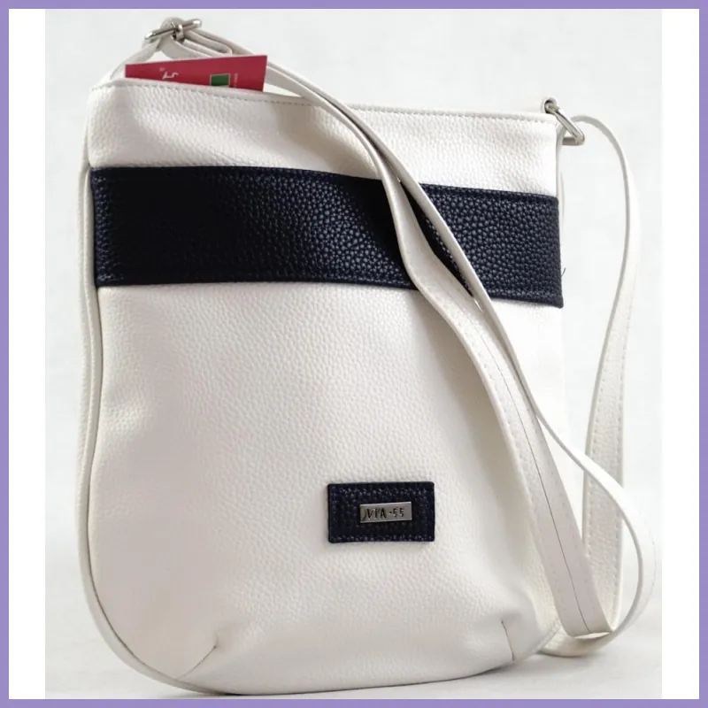 VIA55 női keresztpántos táska elöl kék sávval, rostbőr, fehér lupusbag-hu 2